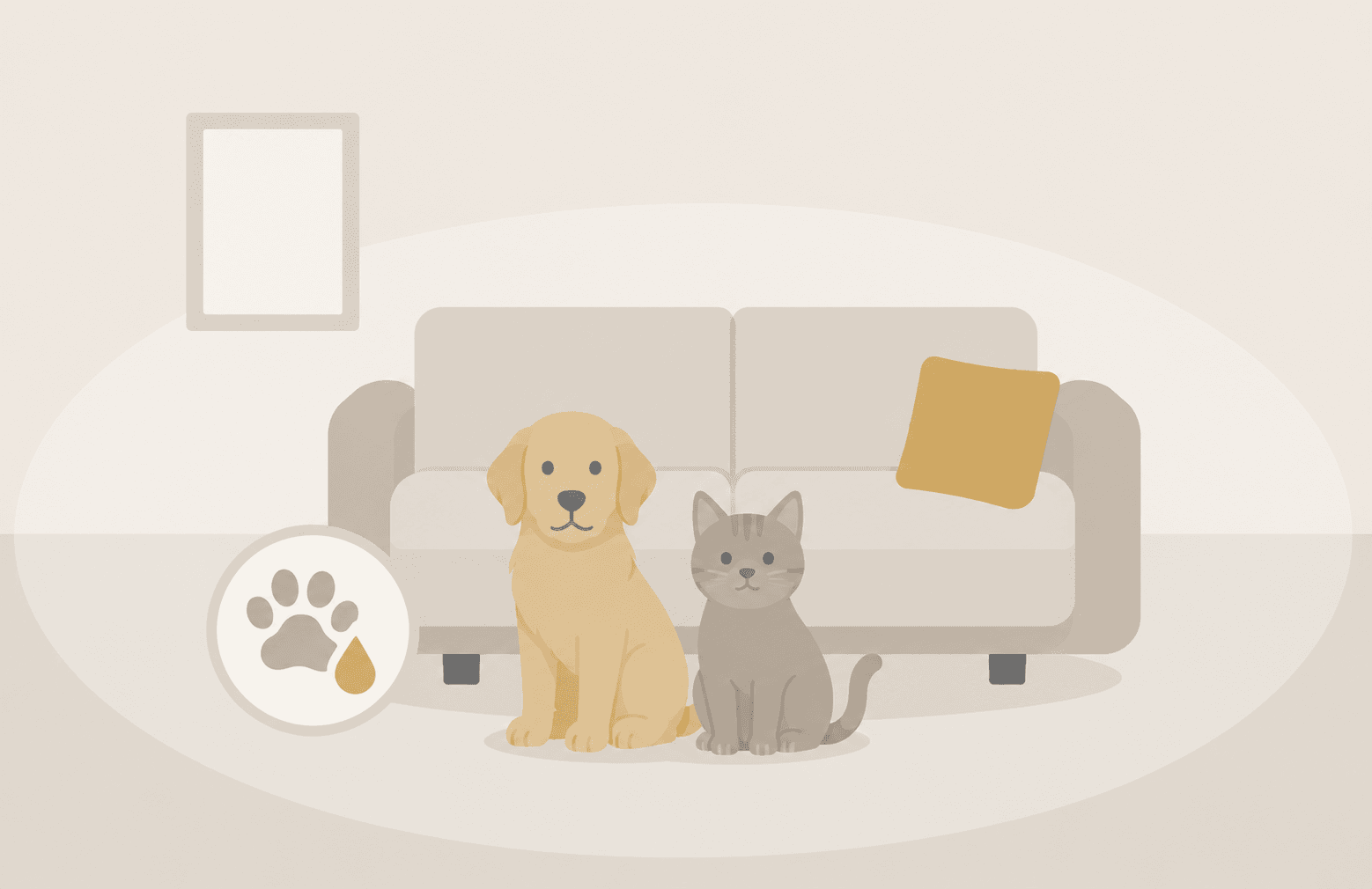 A cat and a dog on a carpet beside a treated sofa